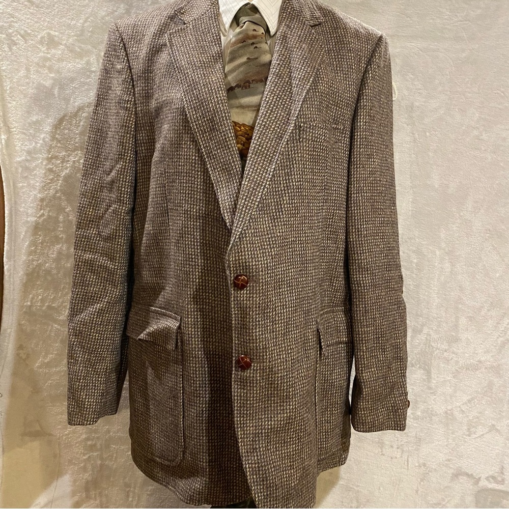 Kuppenheimer Blazer Men’s 46L Brown Wool Shank Buttons Elbow Patches Houndstooth